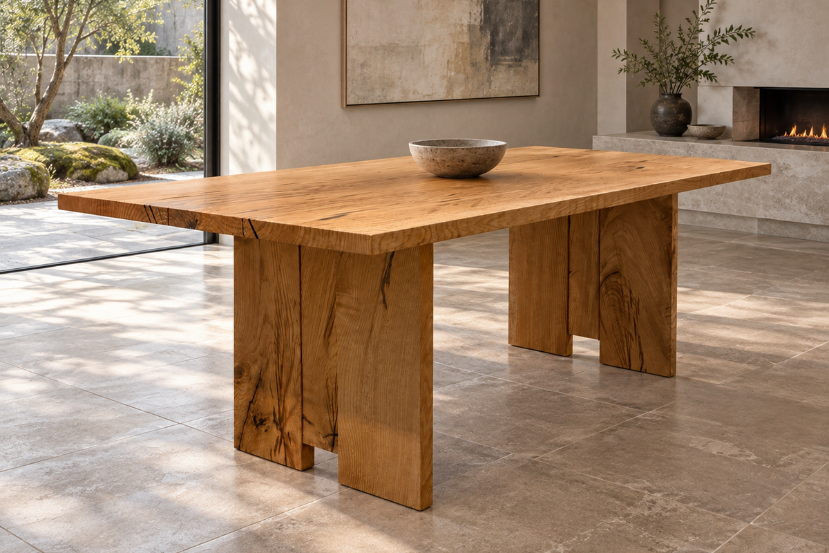 Three Sisters Dining Table: Solid White Oak Hardwood Table With Sculptural Panel Legs, Warm Modern Rustic Design Handmade in Oregon