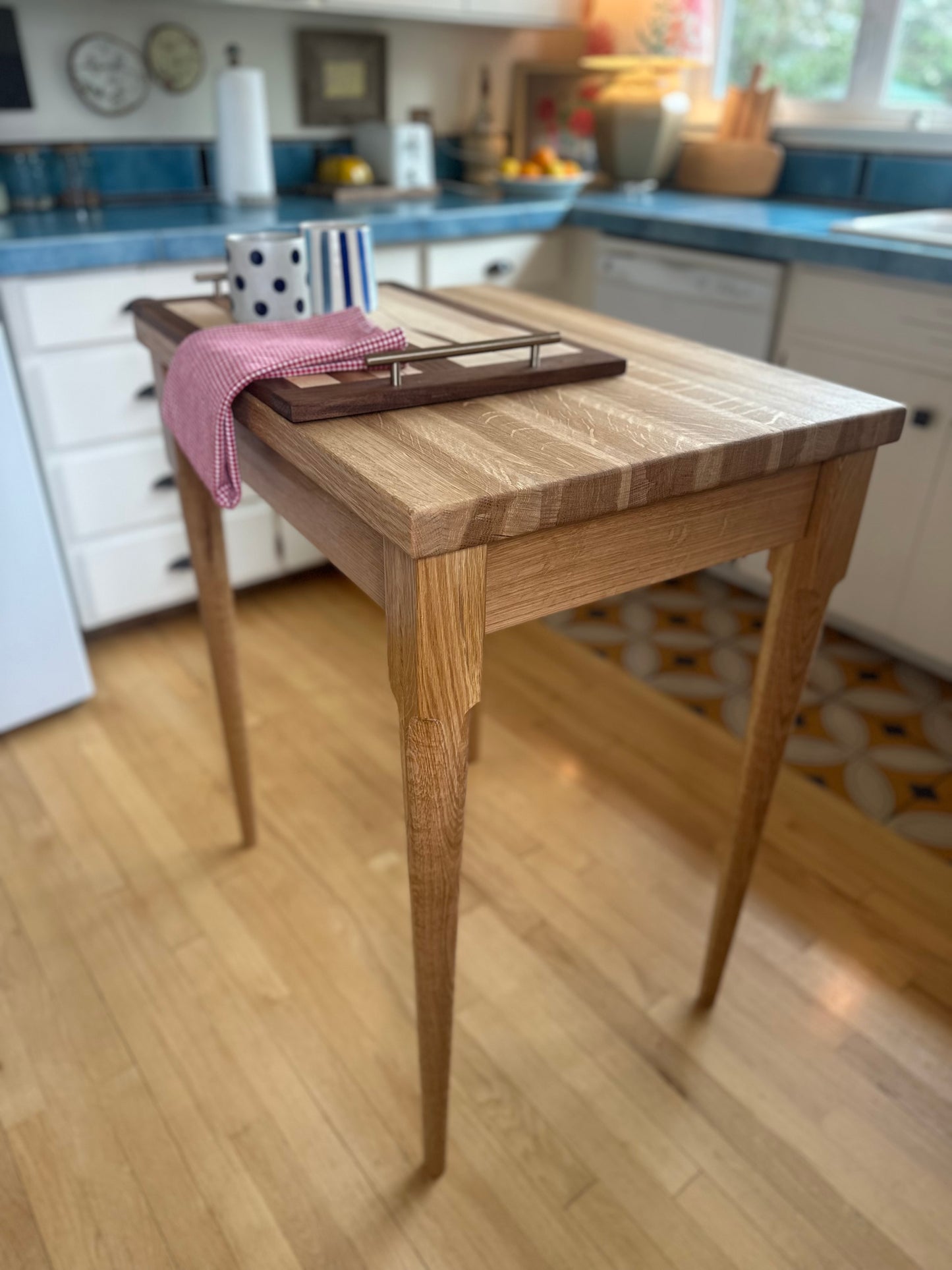 Kitchen Island in White Oak Hardwood, Butcher Block Table with Dovetailed Drawer, Towel Bar, Hand-turned and Tapered Legs