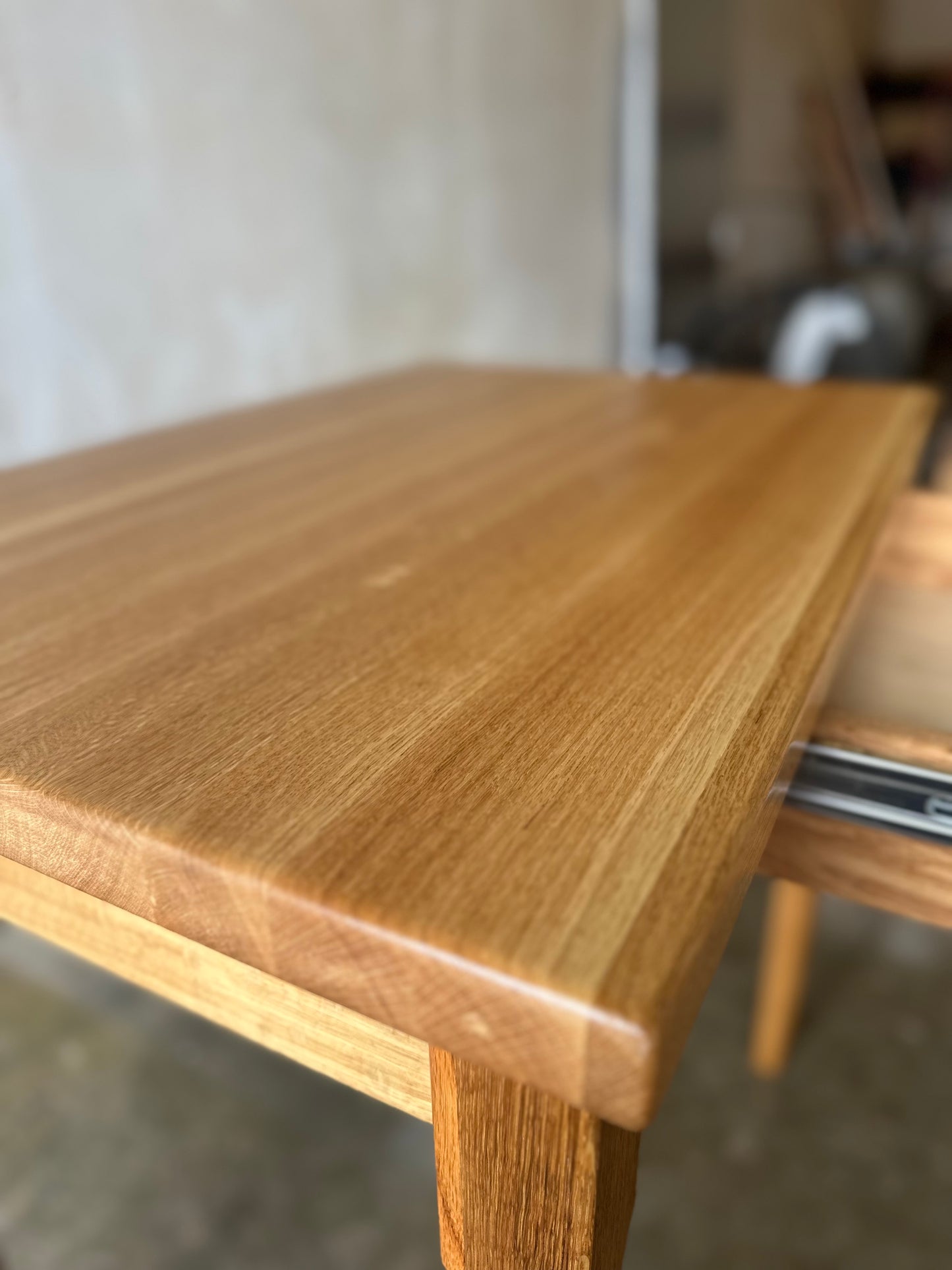 Kitchen Island in White Oak Hardwood, Butcher Block Table with Dovetailed Drawer, Towel Bar, Hand-turned and Tapered Legs