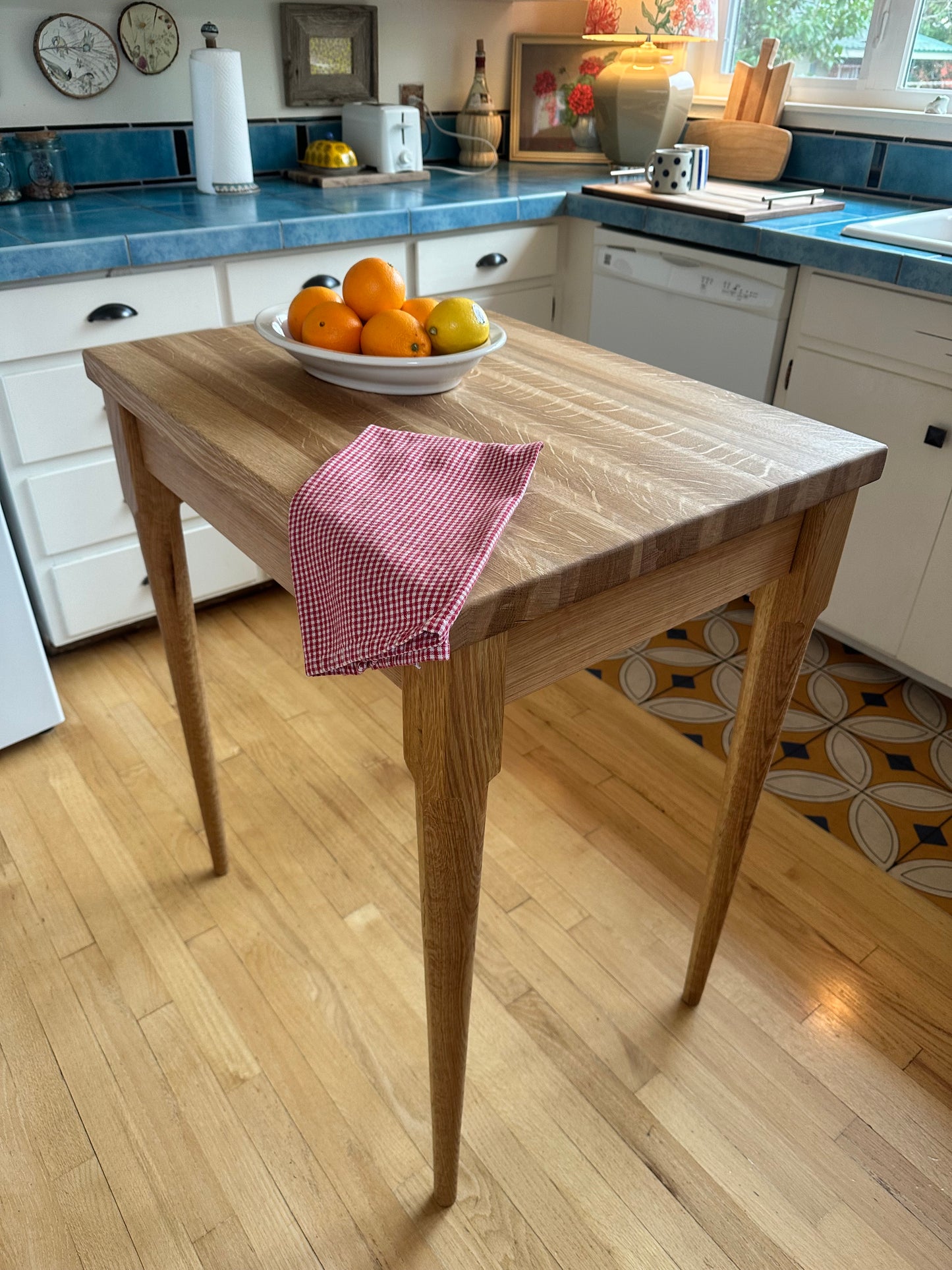 Kitchen Island in White Oak Hardwood, Butcher Block Table with Dovetailed Drawer, Towel Bar, Hand-turned and Tapered Legs