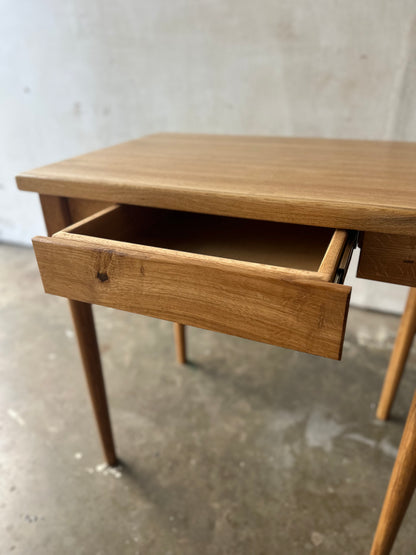 Kitchen Island in White Oak Hardwood, Butcher Block Table with Dovetailed Drawer, Towel Bar, Hand-turned and Tapered Legs