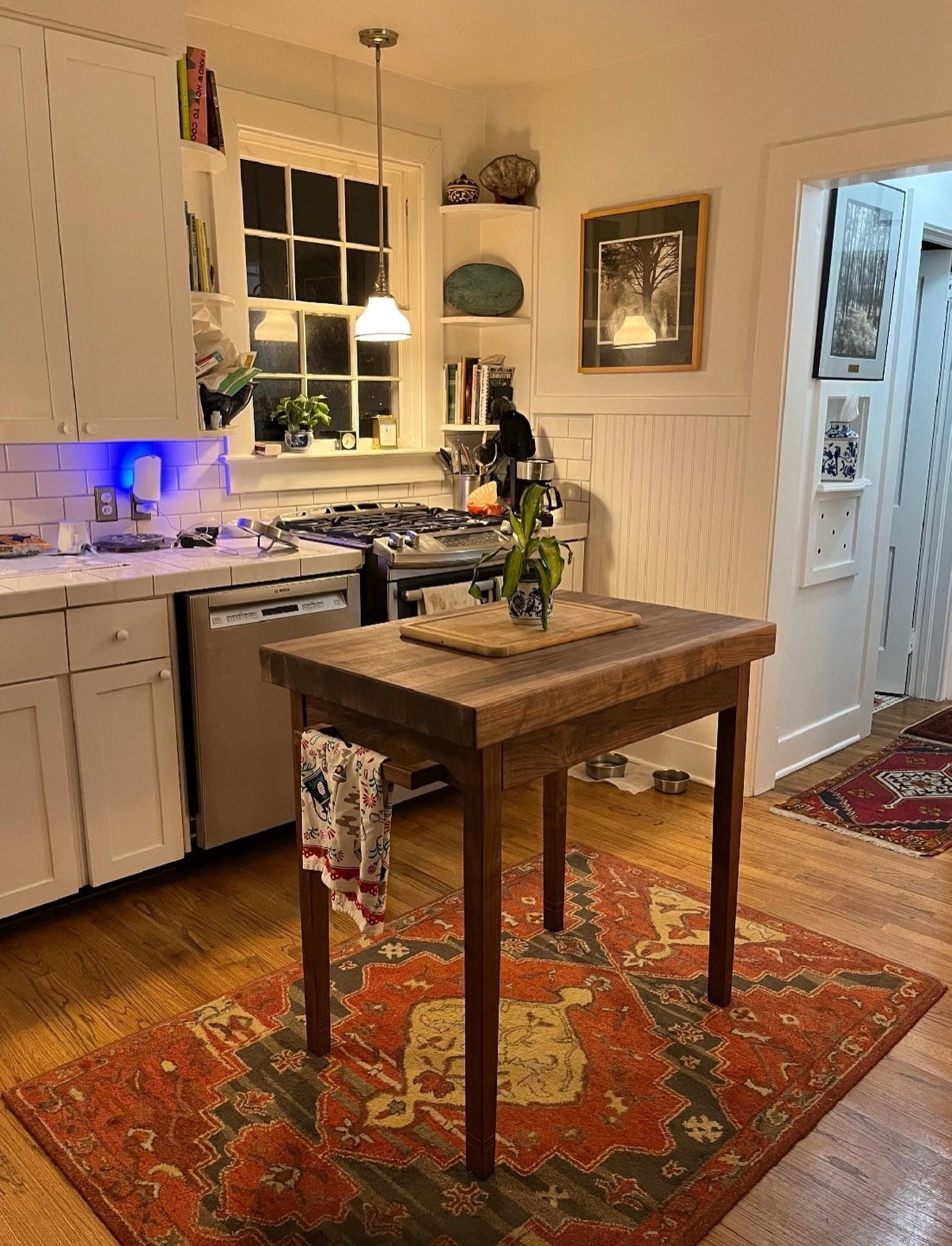 Butcher Block Kitchen Table in Walnut: 3” Thick Top, Kitchen Island with Dovetailed Drawer and Towel Bar