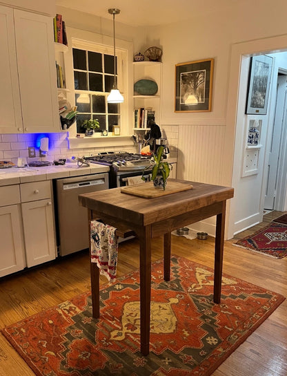 Butcher Block Kitchen Table in Walnut: 3” Thick Top, Kitchen Island with Dovetailed Drawer and Towel Bar
