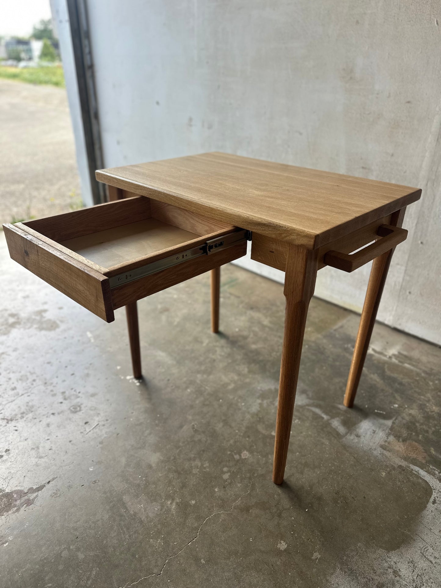 Kitchen Island in White Oak Hardwood, Butcher Block Table with Dovetailed Drawer, Towel Bar, Hand-turned and Tapered Legs