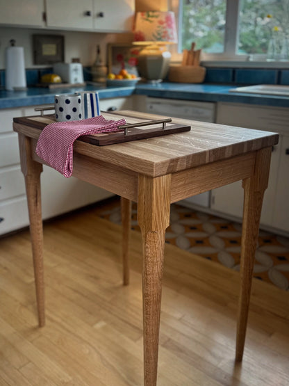 Kitchen Island in White Oak Hardwood, Butcher Block Table with Dovetailed Drawer, Towel Bar, Hand-turned and Tapered Legs