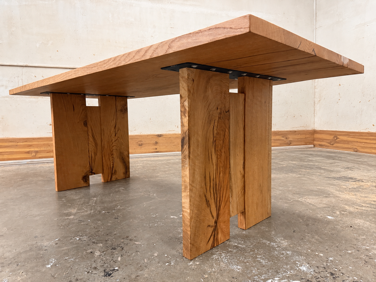Three Sisters Dining Table: Solid White Oak Hardwood Table With Sculptural Panel Legs, Warm Modern Rustic Design Handmade in Oregon