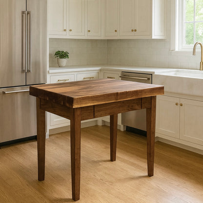 Butcher Block Kitchen Table in Walnut: 3” Thick Top, Kitchen Island with Dovetailed Drawer and Towel Bar
