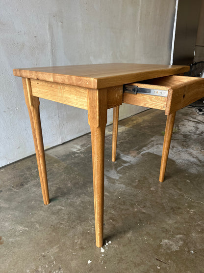 Kitchen Island in White Oak Hardwood, Butcher Block Table with Dovetailed Drawer, Towel Bar, Hand-turned and Tapered Legs