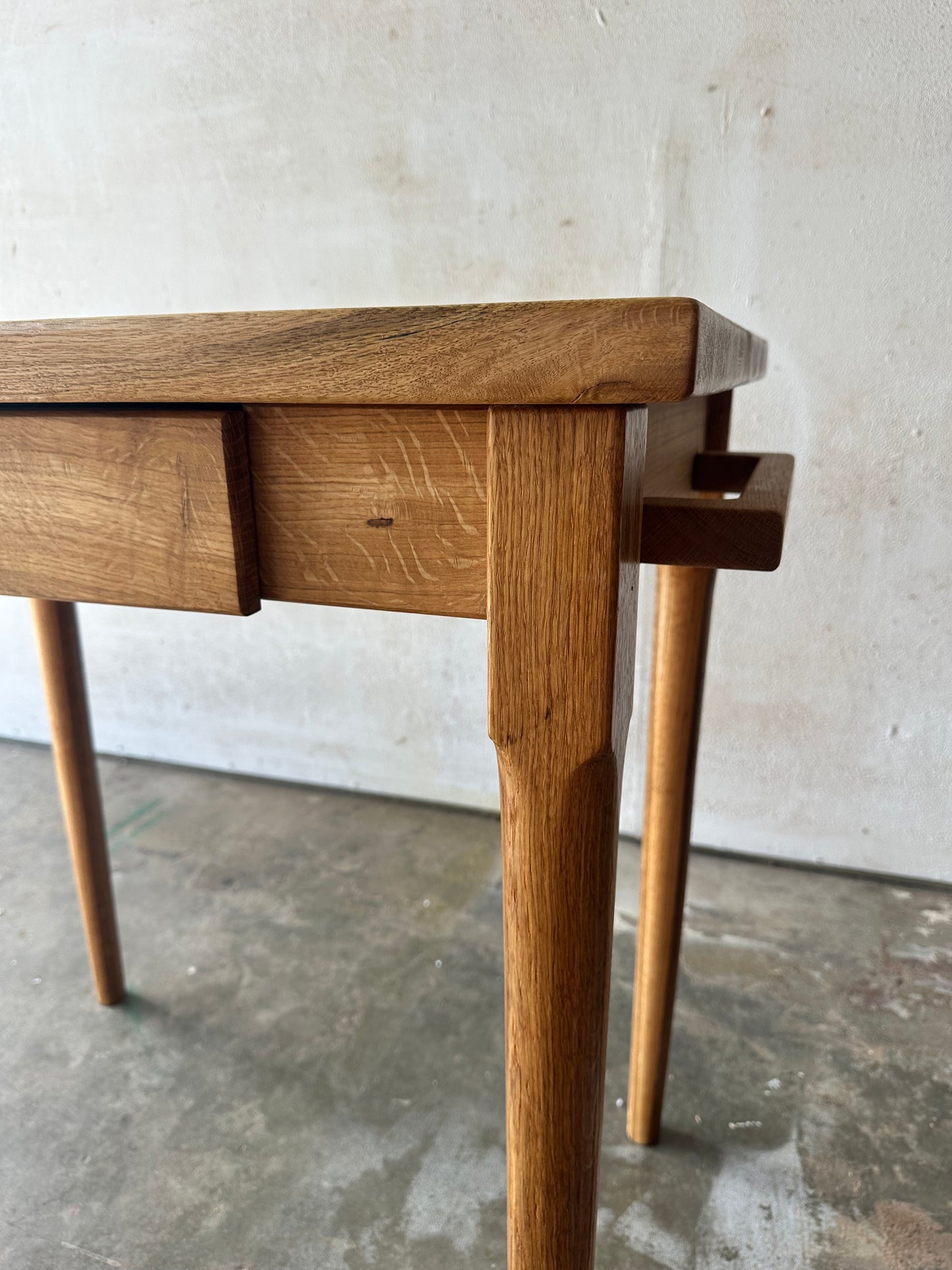 Kitchen Island in White Oak Hardwood, Butcher Block Table with Dovetailed Drawer, Towel Bar, Hand-turned and Tapered Legs