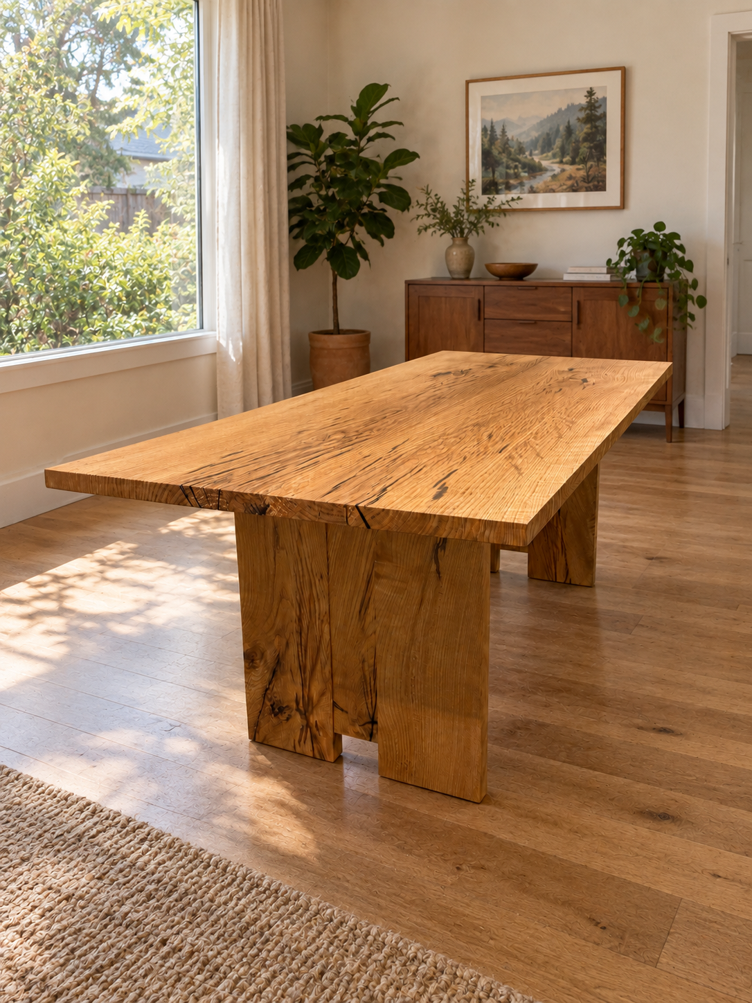 Three Sisters Dining Table: Solid White Oak Hardwood Table With Sculptural Panel Legs, Warm Modern Rustic Design Handmade in Oregon