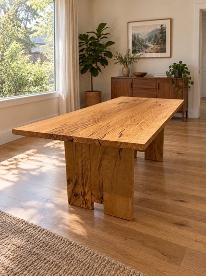 Three Sisters Dining Table: Solid White Oak Hardwood Table With Sculptural Panel Legs, Warm Modern Rustic Design Handmade in Oregon