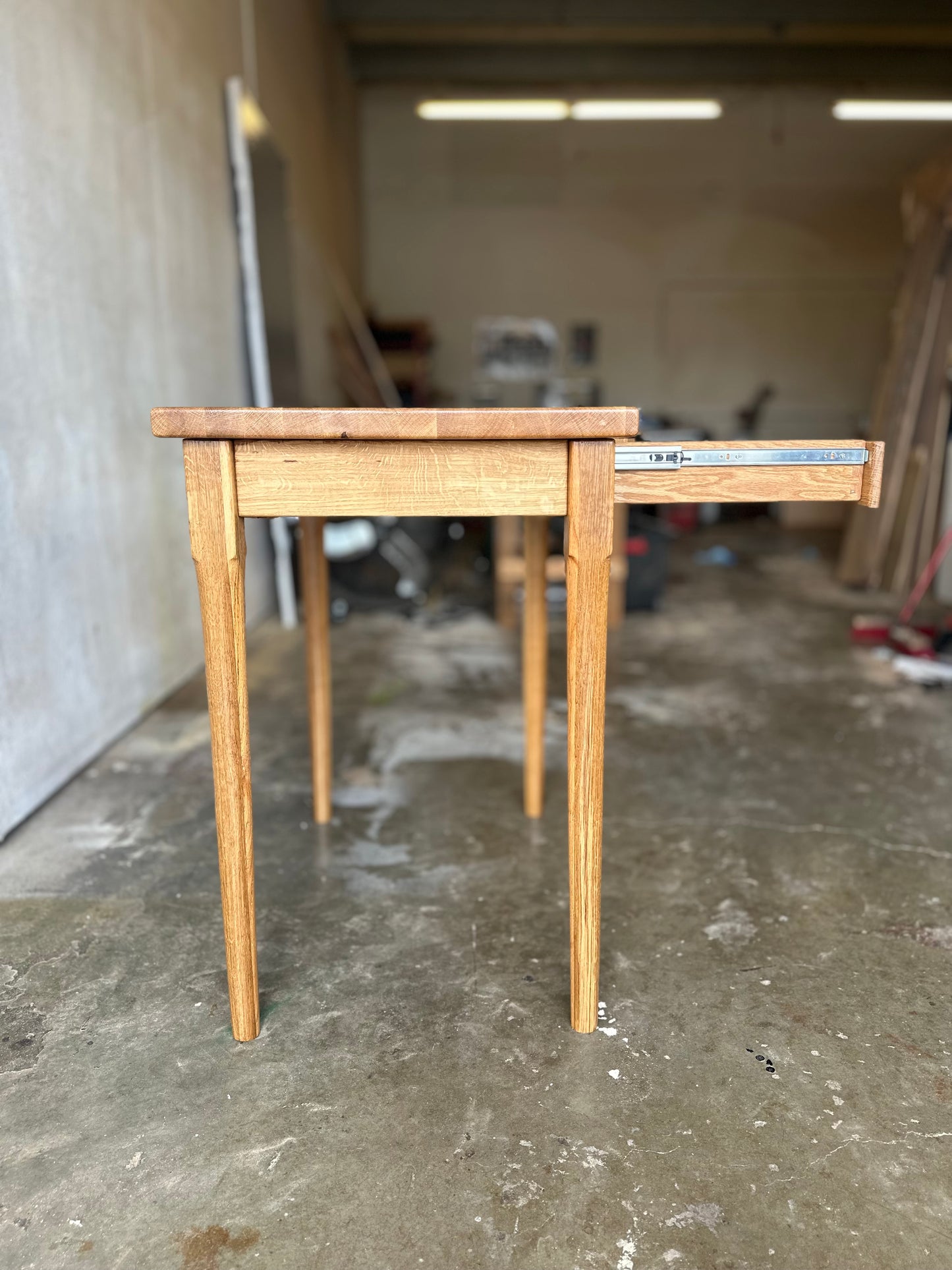 Kitchen Island in White Oak Hardwood, Butcher Block Table with Dovetailed Drawer, Towel Bar, Hand-turned and Tapered Legs