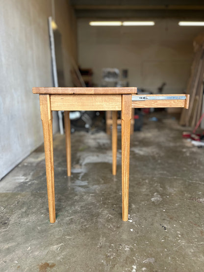 Kitchen Island in White Oak Hardwood, Butcher Block Table with Dovetailed Drawer, Towel Bar, Hand-turned and Tapered Legs