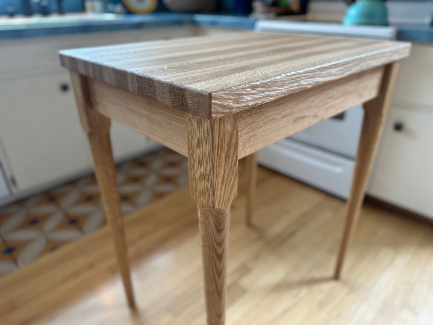Kitchen Island in White Oak Hardwood, Butcher Block Table with Dovetailed Drawer, Towel Bar, Hand-turned and Tapered Legs