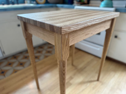Kitchen Island in White Oak Hardwood, Butcher Block Table with Dovetailed Drawer, Towel Bar, Hand-turned and Tapered Legs