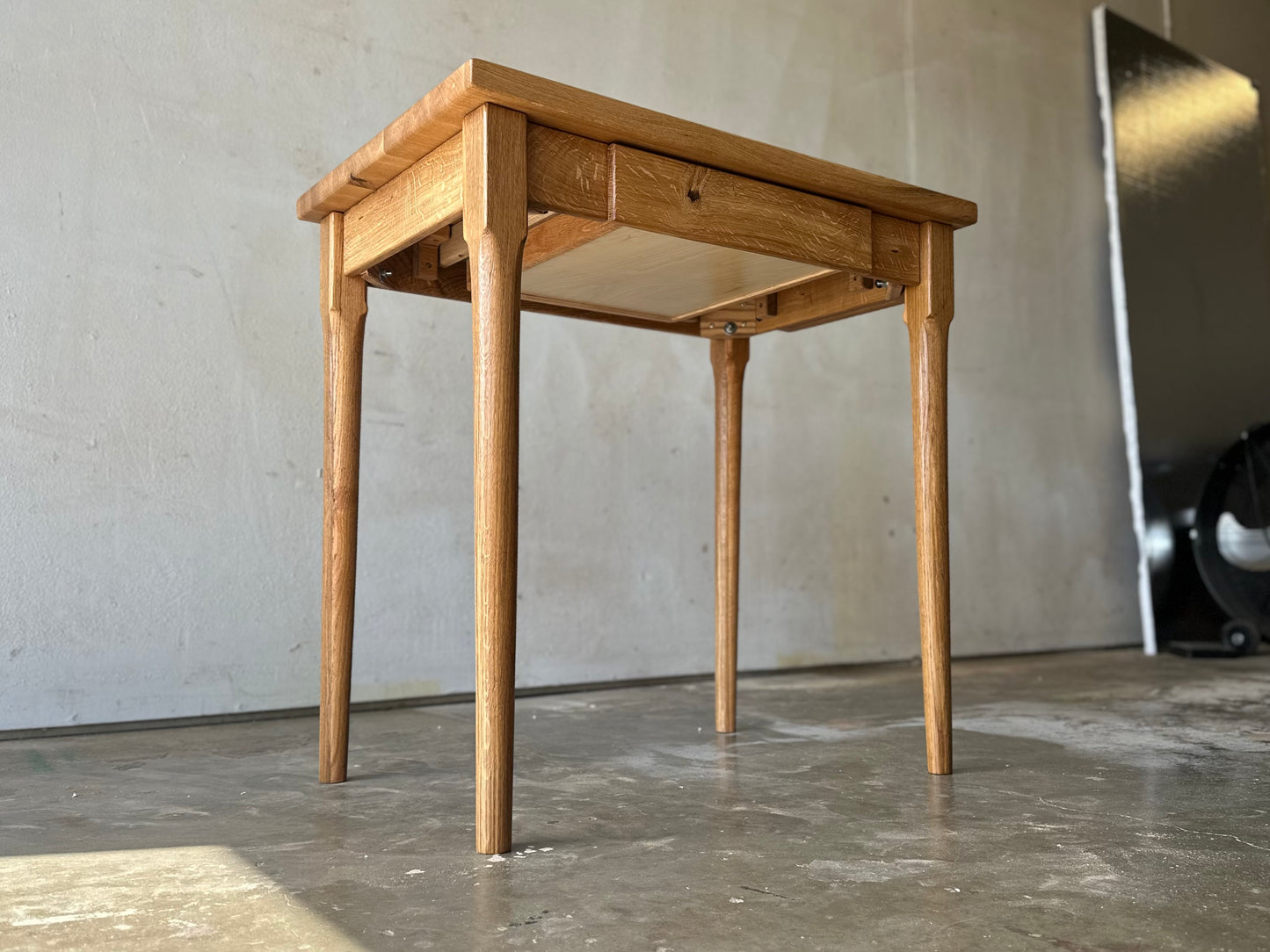 Kitchen Island in White Oak Hardwood, Butcher Block Table with Dovetailed Drawer, Towel Bar, Hand-turned and Tapered Legs
