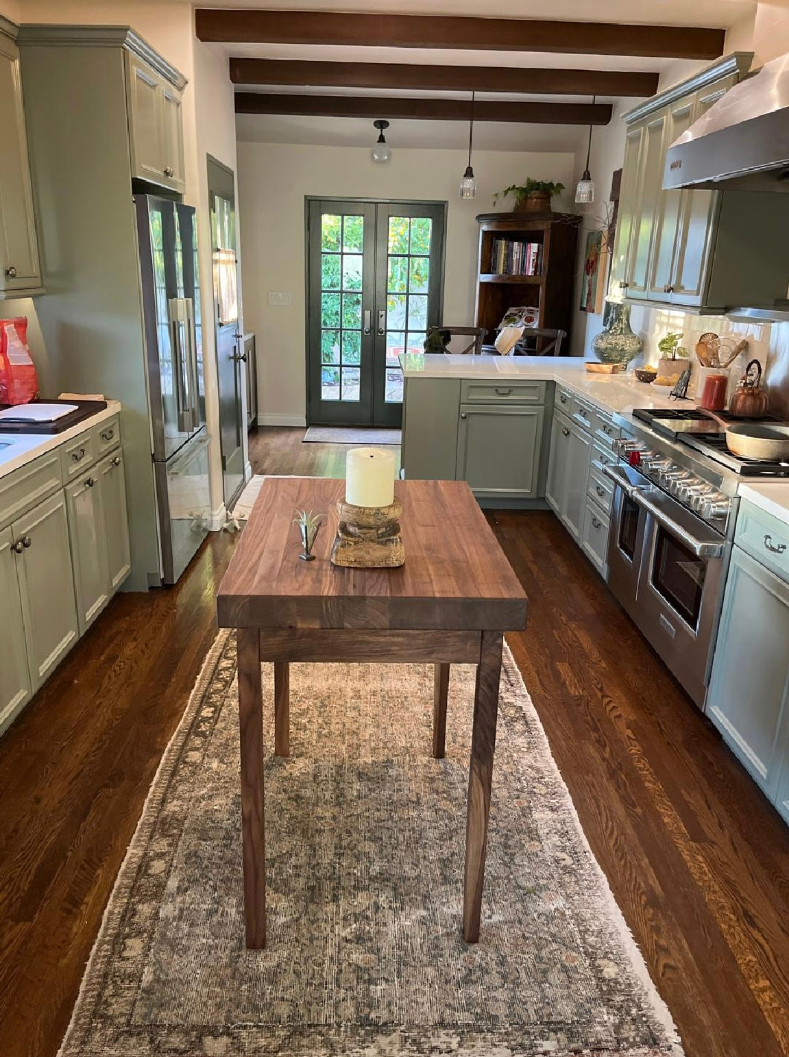 Butcher Block Kitchen Table in Walnut: 3” Thick Top, Kitchen Island with Dovetailed Drawer and Towel Bar