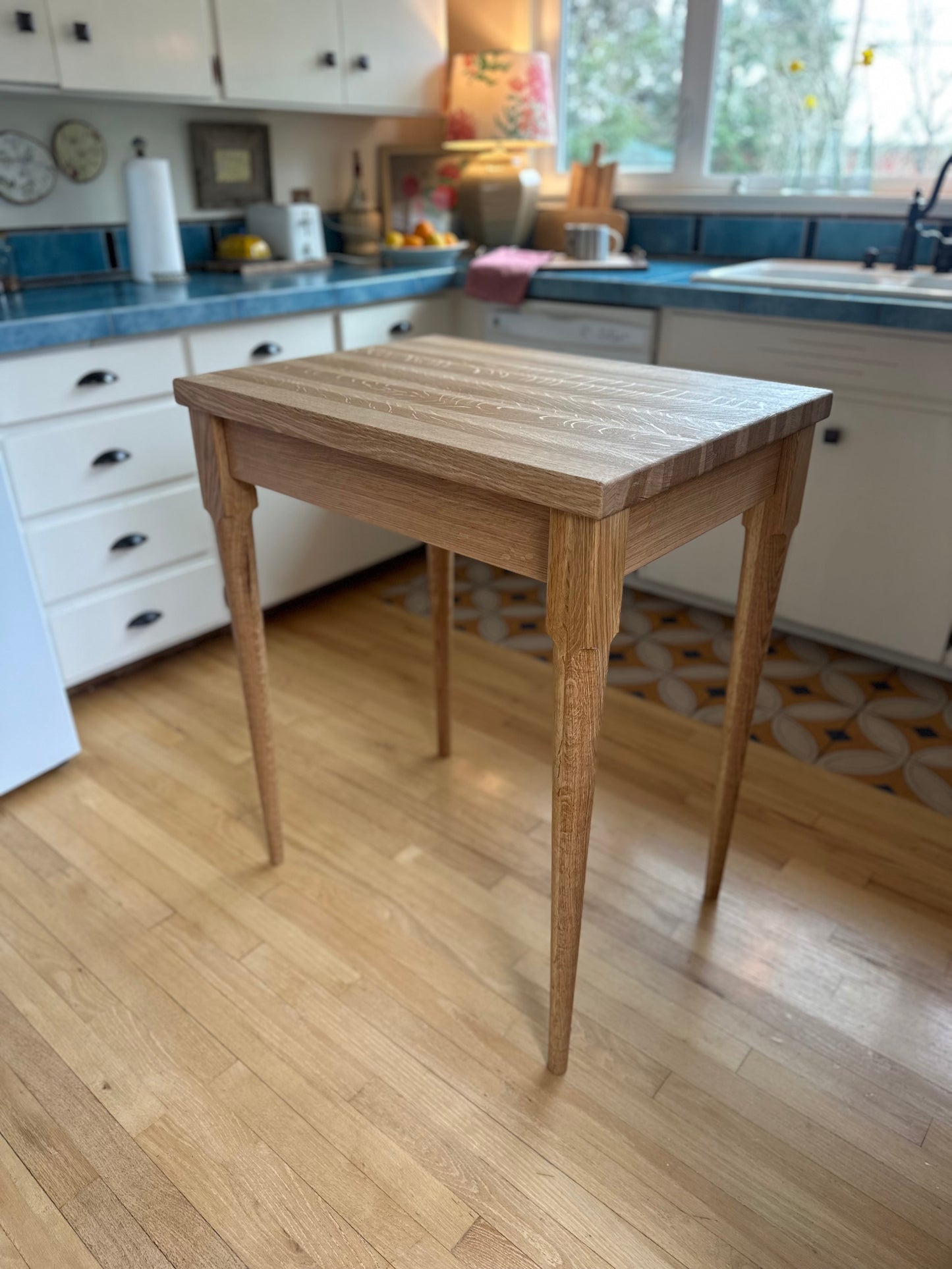 Kitchen Island in White Oak Hardwood, Butcher Block Table with Dovetailed Drawer, Towel Bar, Hand-turned and Tapered Legs